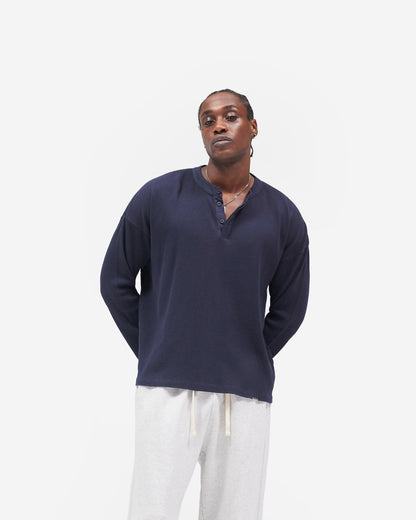 REPRESENT Initial Henley Waffle Long Sleeve T-Shirt - Midnight Navy