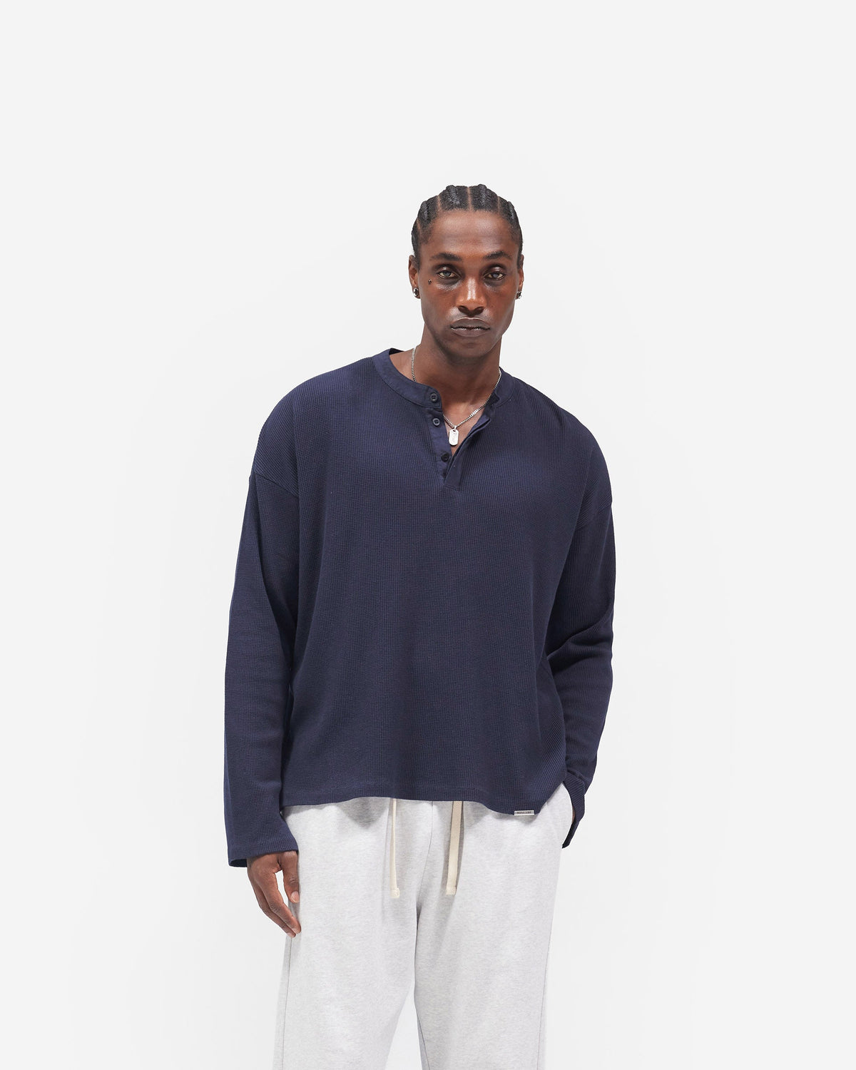 REPRESENT Initial Henley Waffle Long Sleeve T-Shirt - Midnight Navy