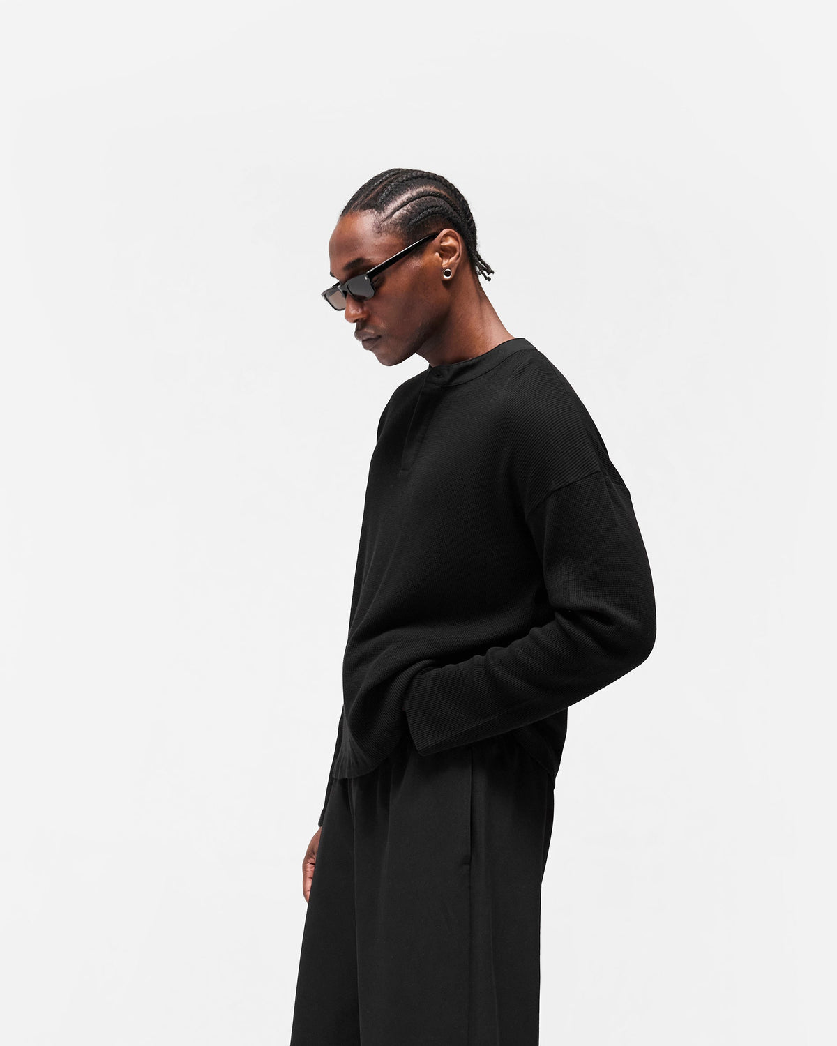 REPRESENT Initial Henley Waffle Long Sleeve T-Shirt - Jet Black