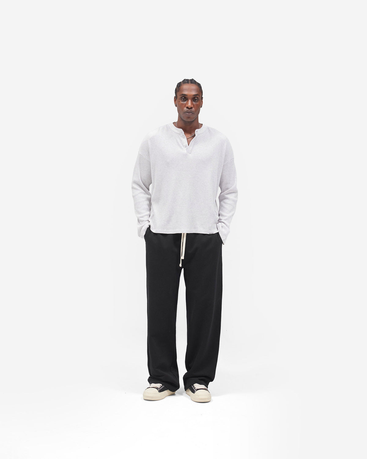 REPRESENT Initial Henley Waffle Long Sleeve T-Shirt - Ice Grey Marl