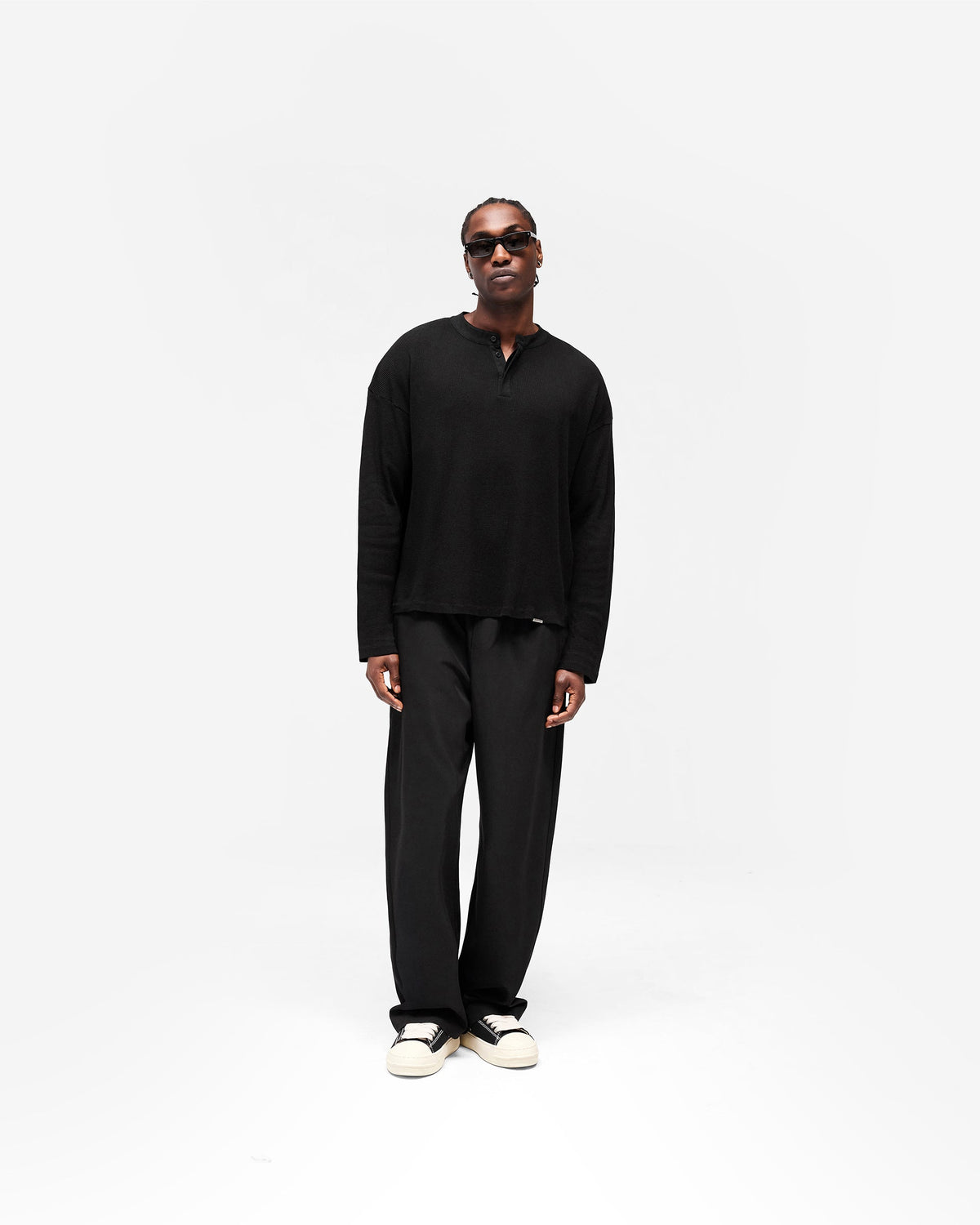 REPRESENT Initial Henley Waffle Long Sleeve T-Shirt - Jet Black