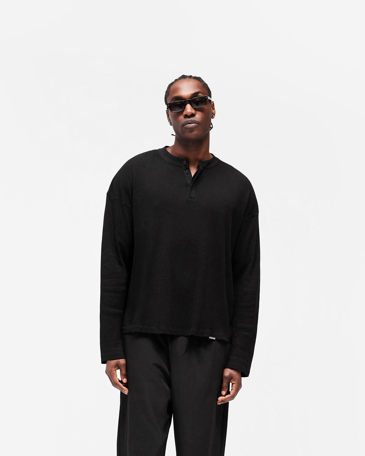 REPRESENT Initial Henley Waffle Long Sleeve T-Shirt - Jet Black