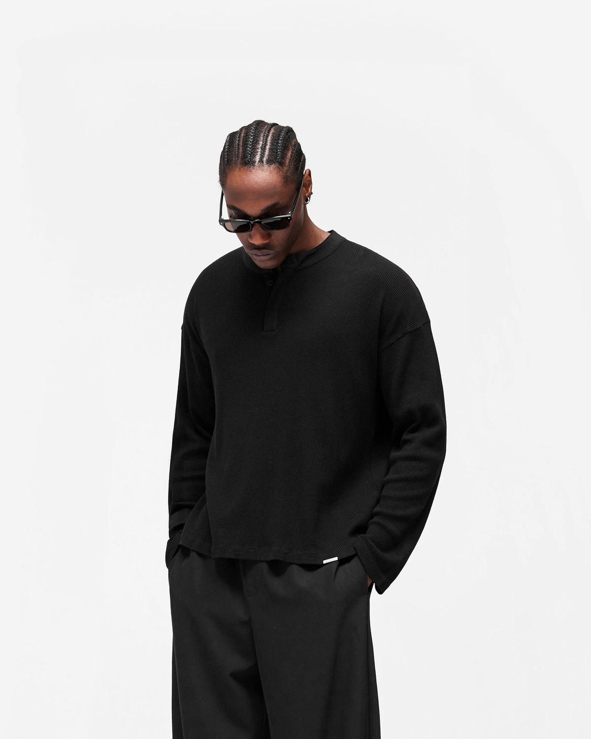 REPRESENT Initial Henley Waffle Long Sleeve T-Shirt - Jet Black