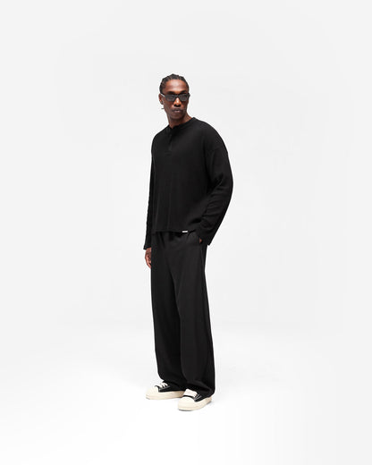 REPRESENT Initial Henley Waffle Long Sleeve T-Shirt - Jet Black