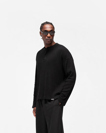 REPRESENT Initial Henley Waffle Long Sleeve T-Shirt - Jet Black